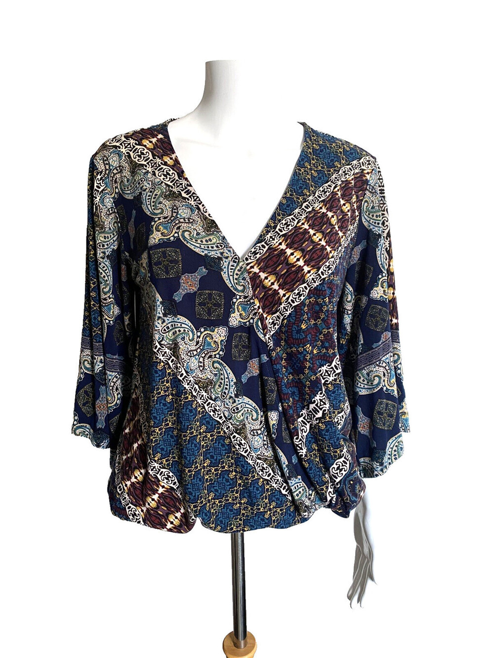 Veronica M. Geometric Peasant Top Blouse S Small Faux Wrap Comfy Casual Oversize